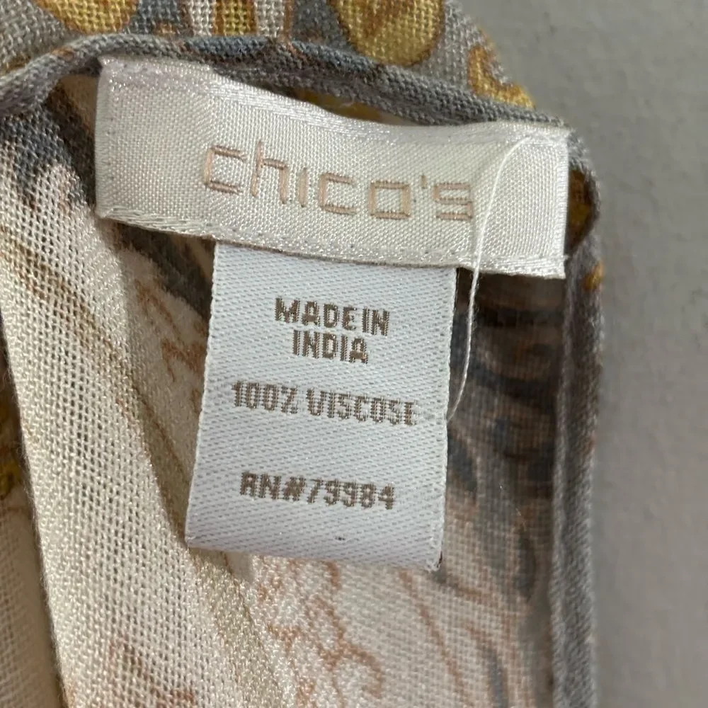 Chico’s Gray Beige Paisley Print Scarf Fringe, Viscose 19”x  66” career Staple